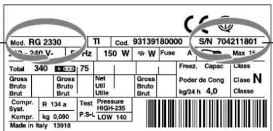 Mod. RG 2330 TI Cod. 93139180000 S/N 704211801 5:30 - 240 V- 5 Hz 150 W 40 W Fuse A Max 15 Total 340 75 Gross Bruto Brut Gross Bruto Brut Net Util Utilie Gross Bruto Brut Freez. Capac Poder de Cong kg/24 h 4,0 Clase N Classe Compr. R 134 a Test Pressure HIGH-235 Syst. Kompr. kg 0,090 LOW 140 Made in Italy 13918