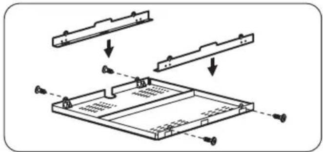 Technical diagram showing assembly steps of a mechanical component with labeled parts and directional arrows indicating motion.