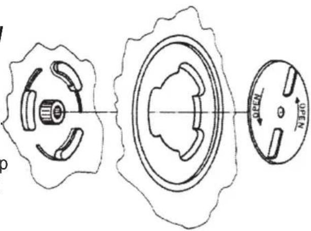Technical diagram showing three mechanical components with labeled parts and directional indicators (OPEN, N) for operation or assembly.