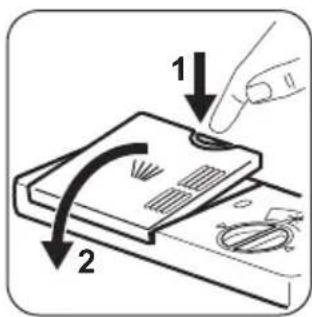 Diagram showing a hand pressing down on a device with labeled parts and directional arrows indicating motion or movement.