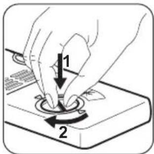 Diagram showing a hand pressing a button on a device with labeled parts 1 and 2, indicating step 1 and step 2.