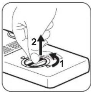 Diagram showing a hand pressing a button on a device with labeled parts 1 and 2, indicating a step in the process.