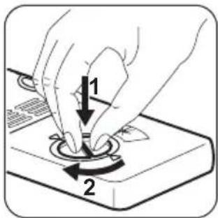 Diagram showing two hands operating a button with labeled parts 1 and 2, indicating a step in a process.