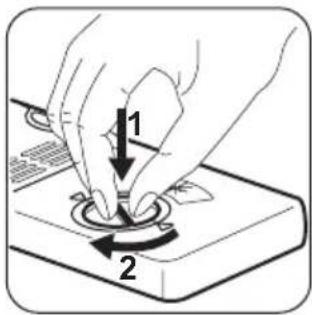 Diagram showing a hand pressing a button on a device with labeled parts 1 and 2