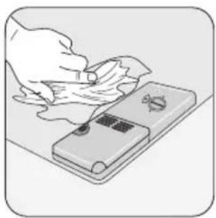 Illustration of a hand cleaning a surface with a device (no text or symbols visible).