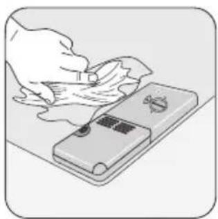 Illustration of a hand cleaning a surface with a tool on a device (no text or symbols visible)