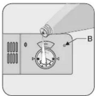 Diagram showing a device with a bottle pouring liquid into a control panel labeled B, with directional arrows indicating flow or movement.