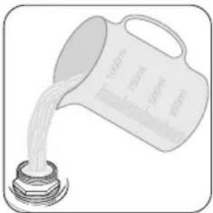 Illustration of a cup pouring liquid from a bottle into a container (no text or symbols)