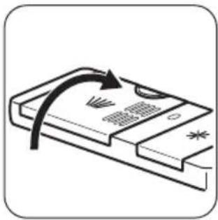 Illustration of a device with an arrow indicating rotation or movement, showing no text or symbols on the device itself.