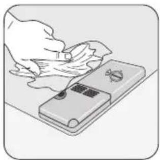 Illustration of a hand cleaning a surface with a device (no text or symbols visible)