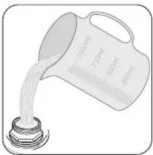 Illustration of a cup pouring liquid from a container into a tank (no text or symbols)