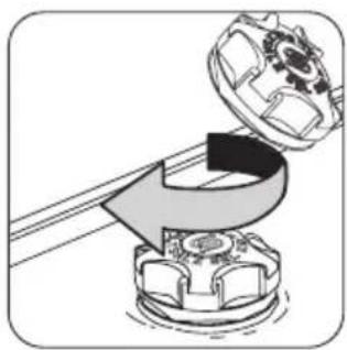 Mechanical assembly diagram showing a rotating component with a gear-like top and a curved arrow indicating motion (no text or symbols)