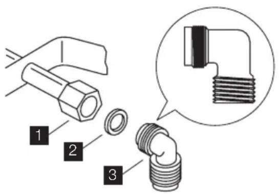 Technical diagram showing three labeled parts of a mechanical component, including a bolt, threaded pipe fitting, and a close-up of a threaded fastener.
