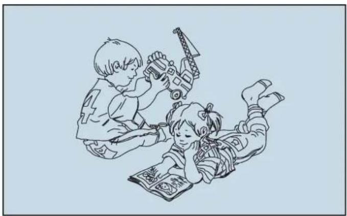 Line drawing of two children playing with toys, one lying on the floor and the other holding a tool (no text or symbols)
