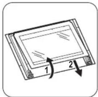 Diagram of a rectangular electronic device with two labeled parts (1 and 2), showing internal structure and arrows indicating direction (no text or symbols beyond labels)