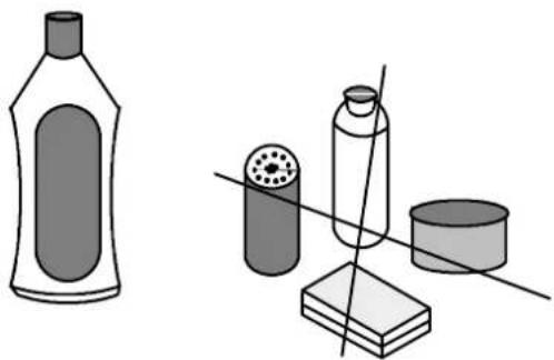 Illustration of various household items including a bottle, a tube, a container, and a box (no text or symbols)