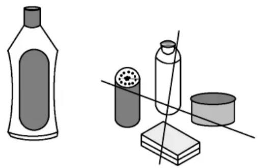 Illustration of various household items including a bottle, a lotus pod, a jar, and a block (no text or symbols).