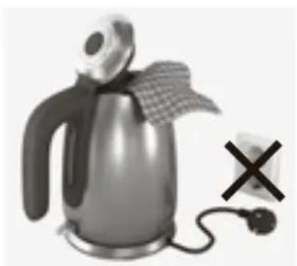 Illustration of a kettle with a cloth cover and a warning symbol (no text or labels)