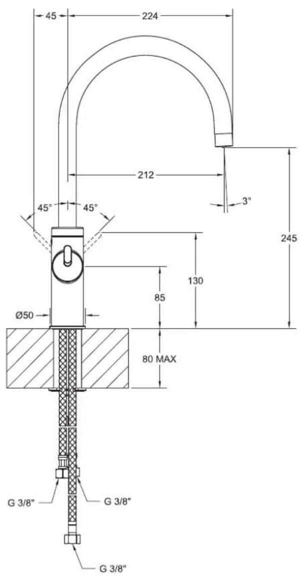 45 224 212 3° 45° 45° 245 Ø50 85 130 80 MAX G 3/8" G 3/8" G 3/8"