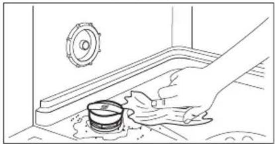 Line drawing of a hand cleaning a floor drain with a pipe and circular component (no text or symbols)