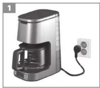 Exterior view of a modern coffee maker with a power outlet connected to its side panel (no text or symbols visible)