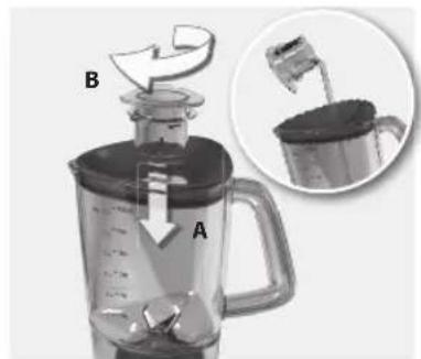 Illustration of a blender with liquid being poured into a cup, showing a drop labeled A and a drop labeled B.