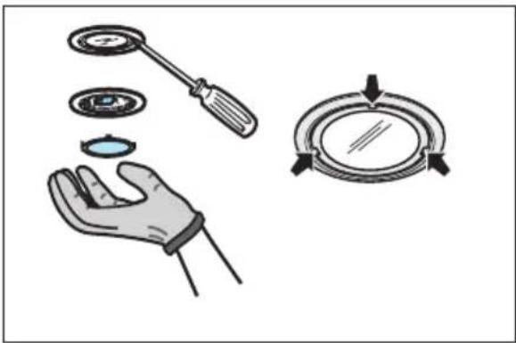 Illustration of a hand holding a circular component with a tool, and a compass-like dial with arrows indicating direction (no text or symbols)