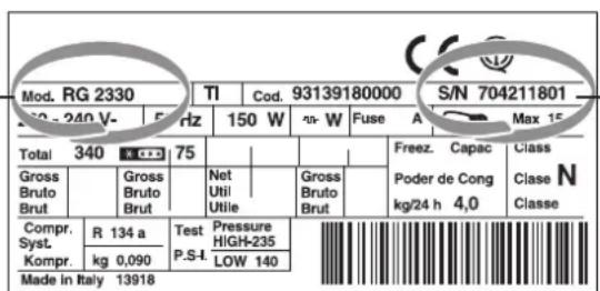 Mod. RG 2330 TI Cod. 93139180000 S/N 704211801 50 - 240 V- 5 frz 150 W no-W Fuse A Max 15 Total 340 N C+5 75 Gross Bruto Brut Gross Bruto Brut Net Util Utilie Gross Bruto Brut Freez. Capac Class Poder de Cong kg/24 h 4,0 Clase N Classe Compr. R 134 a Test Pressure HIGH-235 Syst. Kompr. kg 0,090 P.S-I LOW 140 Made in Italy 13918