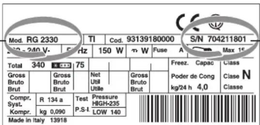 Mod. RG 2330 TI Cod. 93139180000 S/N 704211801 250 - 240 V 5 Hz 150 W m W Fuse A Max 15 Total 340 N C=3 75 Gross Bruto Brut Gross Bruto Brut Compr. R 134 a Test Pressure Syst. Kompr. kg 0,090 P.S-I HIGH-235 LOW 140 Made in Italy 13918 Freez. Capac Class Poder de Cong Clase N kg/24 h 4,0 Classe
