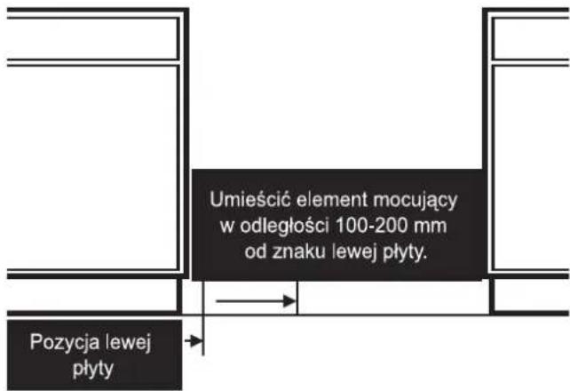 Umieścić element mocujący w odległości 100-200 mm od znaku lewej płyty. Pozycja lewej płyty