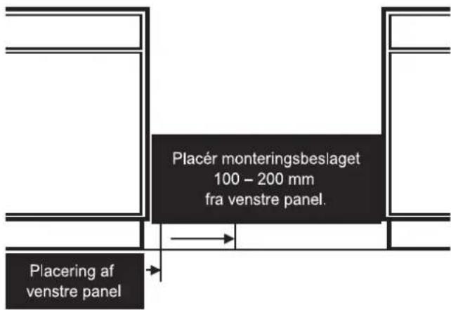 Placér monteringsbeslaget 100 – 200 mm fra venstre panel. Placering af venstre panel