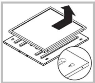 Diagram showing a layered electronic component with an arrow indicating upward motion, and an inset close-up of a small circular feature.