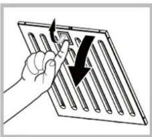 Hand pressing down on a grid-like object with a black arrow indicating downward motion.