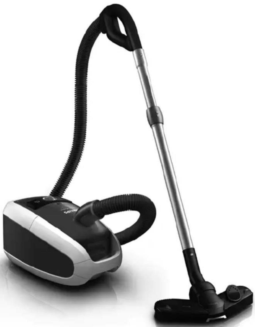 Black and white photo of a vacuum cleaner with coiled hose and handle (no visible text or symbols).