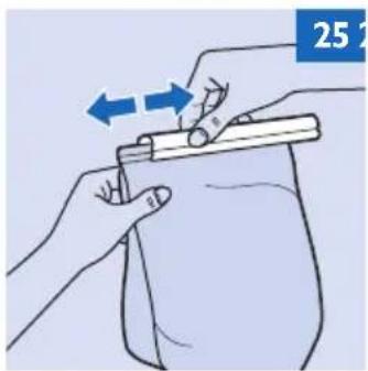 Illustration of hands using a tool to cut or lift a bag, with blue arrows indicating direction (no text or symbols)