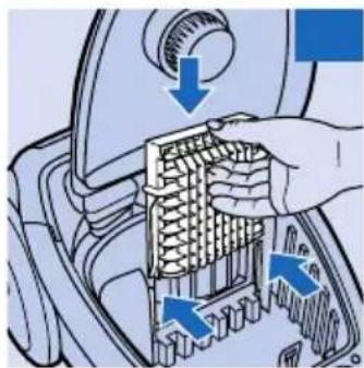 Diagram of a hand inserting into a car engine compartment with arrows indicating component movement (no text or symbols)