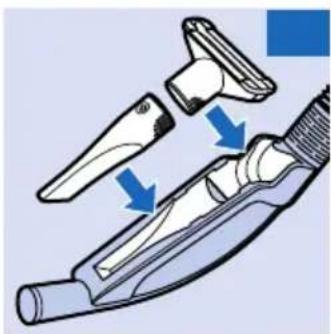 Illustration of a hand holding a small electronic device with blue arrows indicating motion or assembly (no text or symbols present)