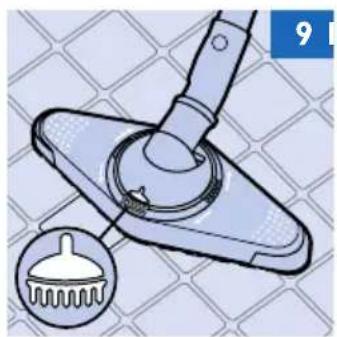 Illustration of a cleaning tool on a metal plate with a magnified inset showing the tool's tip (no text or symbols)