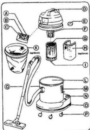 Labeled diagram of a vacuum cleaner with parts numbered A through P, showing internal components and assembly.