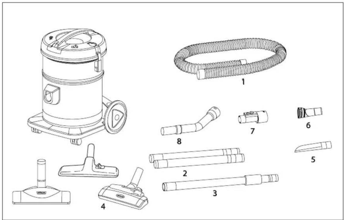 Technical diagram of a vacuum cleaner with labeled parts including pump, hose, and handle mechanisms