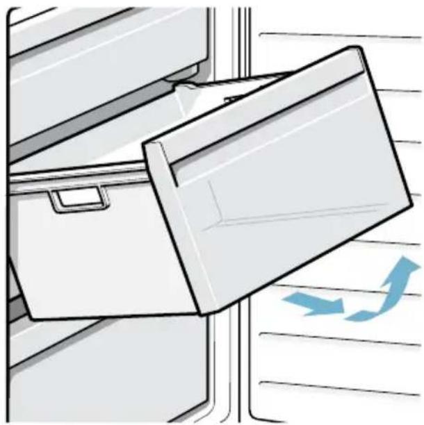 Illustration of a refrigerator with an open lid and blue directional arrows indicating airflow or movement (no text or symbols)