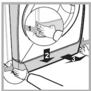 Diagram showing three-step installation of a door panel with labeled parts 1, 2, and 3.
