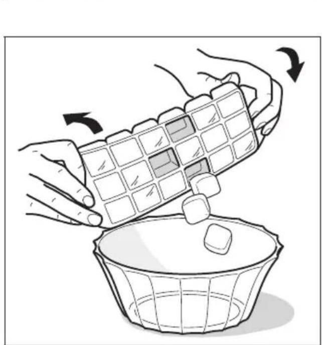 Illustration de mains plaçant un bloc cubique 3D dans un panier avec une gomme, montrant une rotation et un ombrage (aucun texte ou symbole).