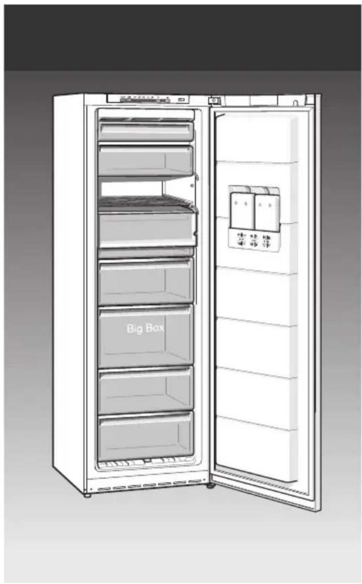 Illustration d'un réfrigérateur blanc avec plusieurs portes ouvertes, montrant les compartiments internes et une étiquette 'Big Box' (aucun texte ou symbole sur le corps principal).