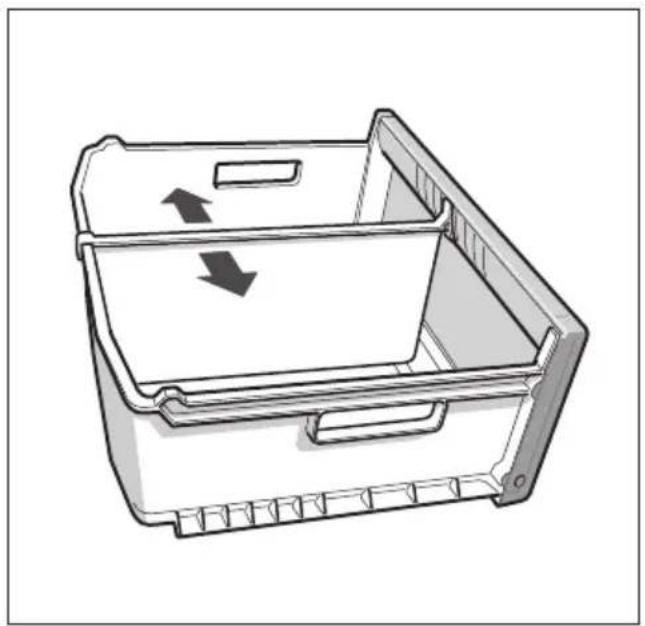 Diagramme 3D d'un tiroir en plastique avec deux flèches indiquant un flux ou un mouvement interne (aucun texte ou symbole).