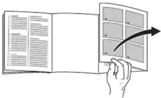Illustration montrant une main tenant un livre ouvert avec une mise en page en grille et une flèche indiquant une direction ou une transformation.
