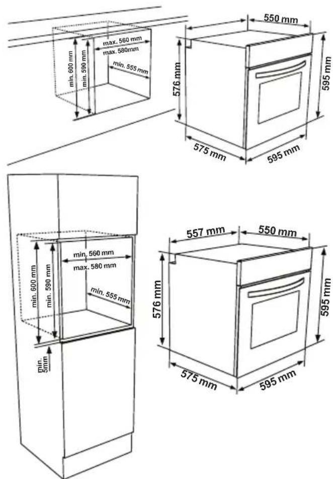 min. 600 mm, min. 590 mm, max. 560 mm, max. 580 mm, min. 555 mm, 576 mm, 550 mm, 595 mm, 575 mm, 595 mm, min. 600 mm, min. 590 mm, min. 560 mm, max. 580 mm, min. 555 mm, 576 mm, 557 mm, 550 mm, 576 mm, 575 mm, 595 mm, min. 5 mm.
