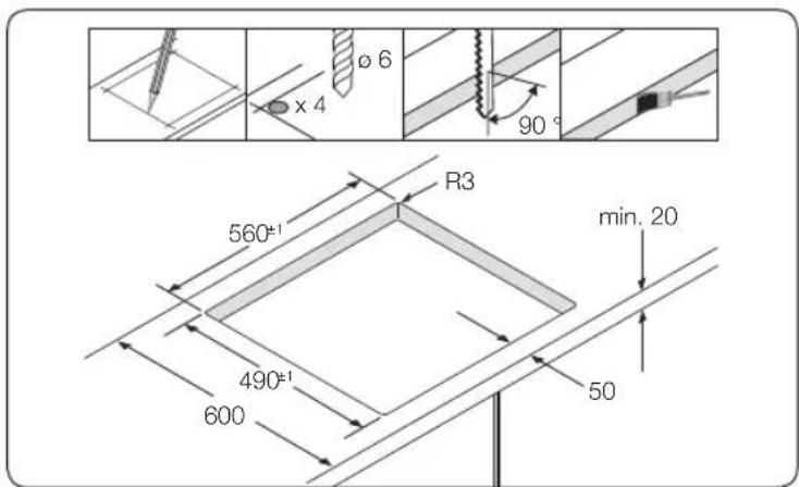 ø 6 x 4 90° R3 560 ± 1 min. 20 490 ± 1 600 50