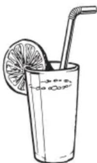 Line drawing of a glass with a lemon slice and a straw.