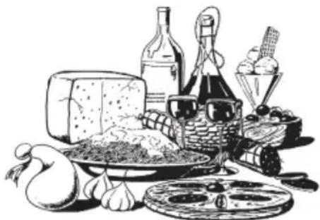 Black-and-white illustration of assorted food items including bread, wine glasses, and a plate with cheese.